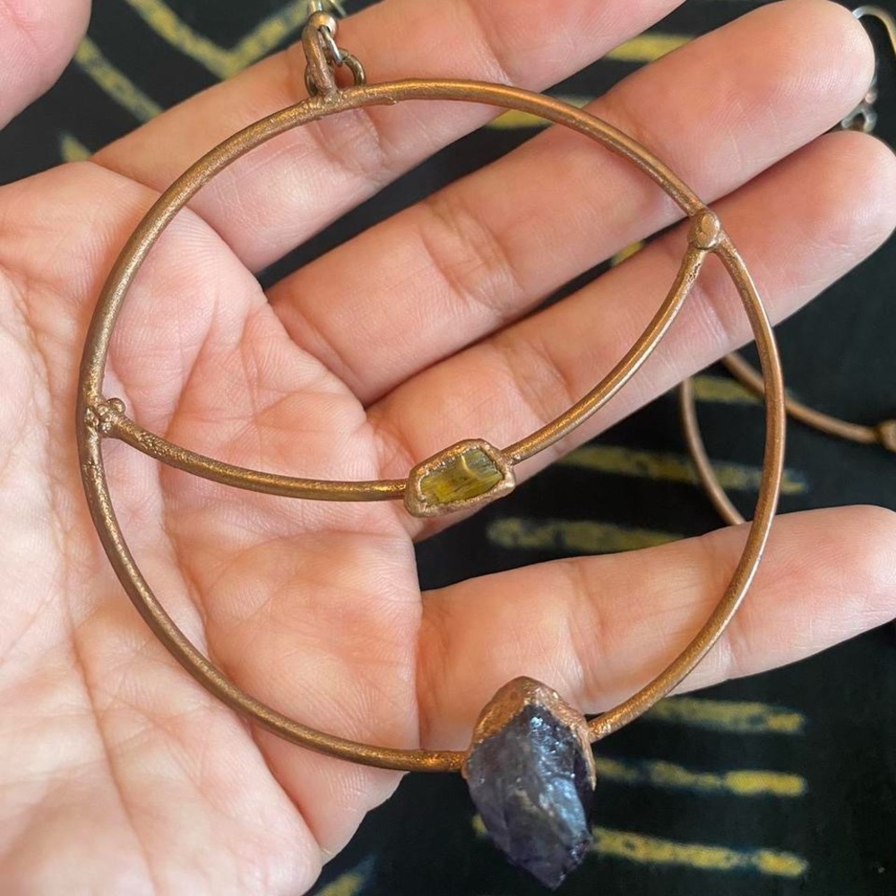 Copper Large Hoops Real Tiger Eyes Real Amethyst Moon Dangle Earrings View 2